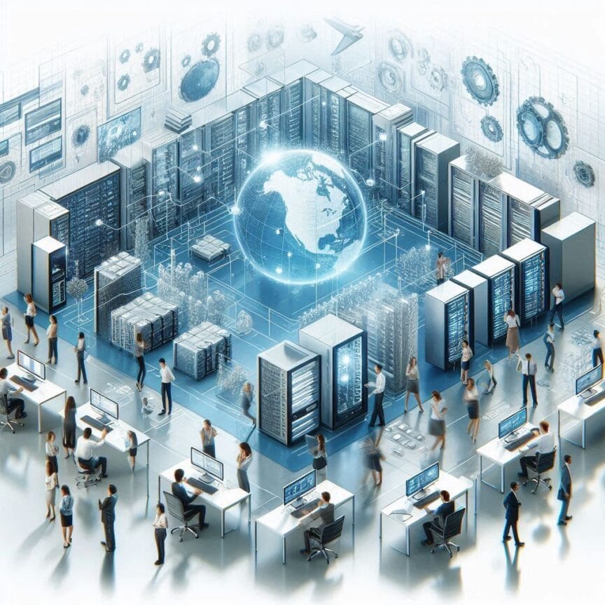 Sala de servidores futurista com globo holográfico central e interfaces digitais. 🖋️ Descrição (para uso em sites ou documentos) A imagem retrata um centro de dados futurista, repleto de racks de servidores, interfaces digitais transparentes e profissionais interagindo com a tecnologia. No centro, um globo holográfico brilhante simboliza a conectividade global e o fluxo de dados. O ambiente transmite inovação, segurança digital e transformação tecnológica. 🏷️ Legenda (para redes sociais ou apresentações) Conectividade global em ação: tecnologia avançada e gestão de dados em um centro de servidores do futuro. Se quiser adaptar para um público mais técnico ou mais leigo, posso ajustar rapidinho!