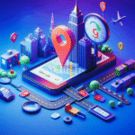 Cidade estilizada emergindo de um smartphone com mapa, ícones de localização e elementos urbanos.