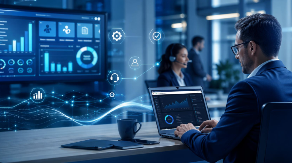 Uma mesa de trabalho moderna, com notebook exibindo indicadores financeiros, gráficos e elementos tecnológicos em azul e ciano.